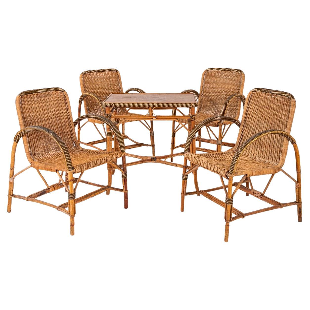 Französisches Set aus vier Stühlen und einem Tisch aus Korbweide