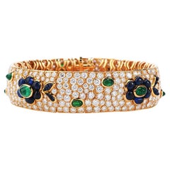 Vintage French Wide Diamond Sapphire Emerald Gold Bracelet