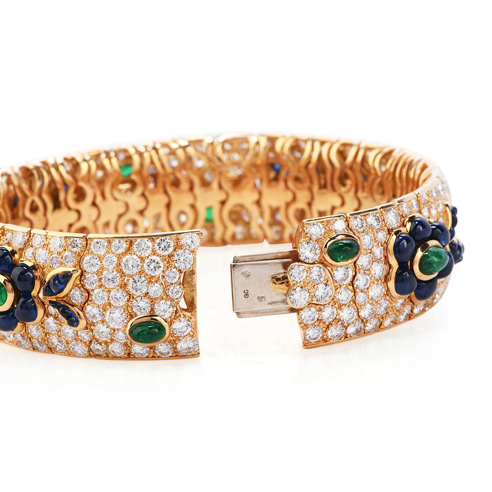 Women's Vintage French Wide Diamond Sapphire Emerald Gold Bracelet For Sale
