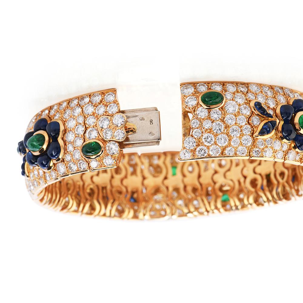 Vintage French Wide Diamond Sapphire Emerald Gold Bracelet For Sale 1