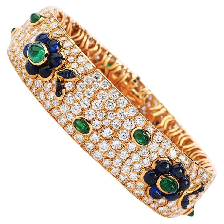 Vintage French Wide Diamond Sapphire Emerald Gold Bracelet For Sale