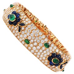 Vintage French Wide Diamond Sapphire Emerald Gold Bracelet