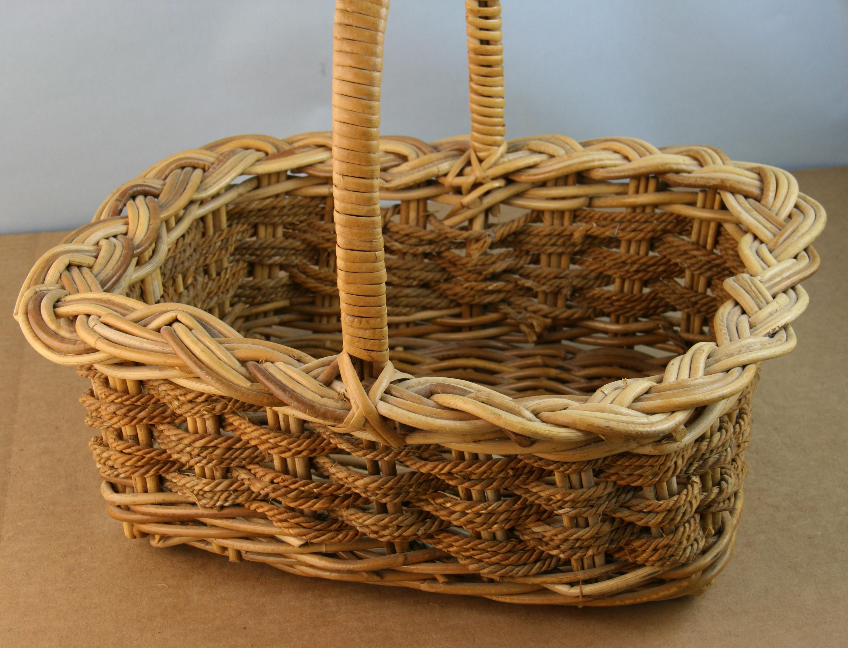 Hand-Crafted Vintage French Willow and Rope Braded Basket