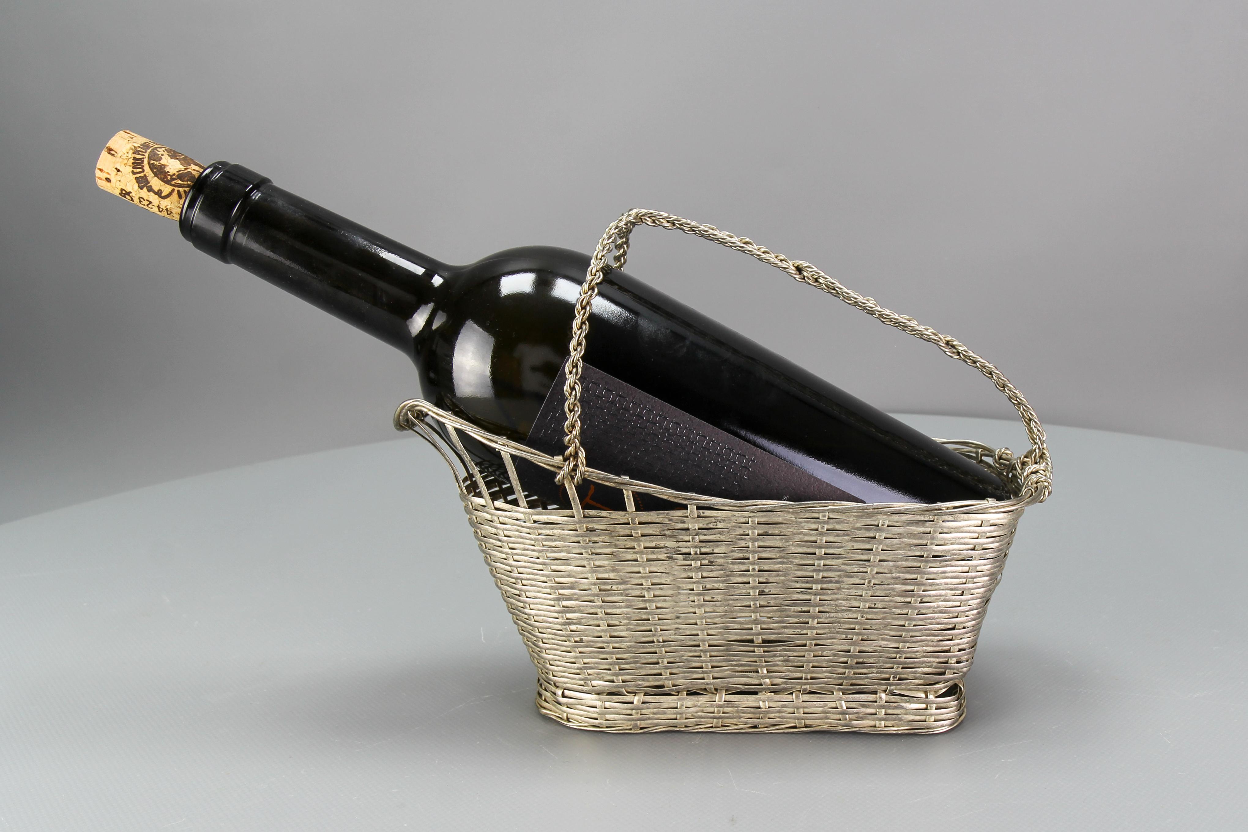 Cesta francesa vintage para botellas de vino en metal plateado Moderno de mediados de siglo en venta