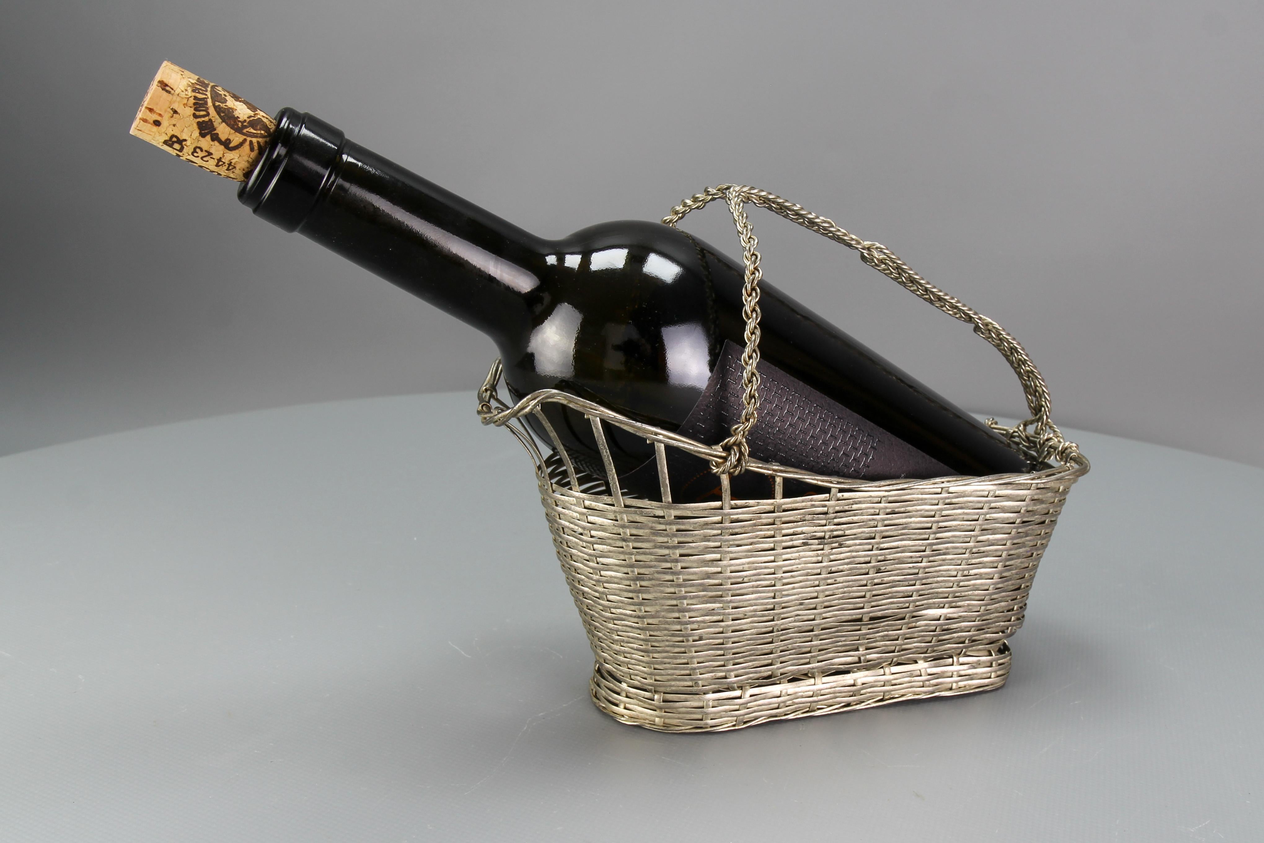 Cesta francesa vintage para botellas de vino en metal plateado Francés en venta