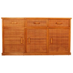 Vintage French Wood and Rattan Buffet, 1970s