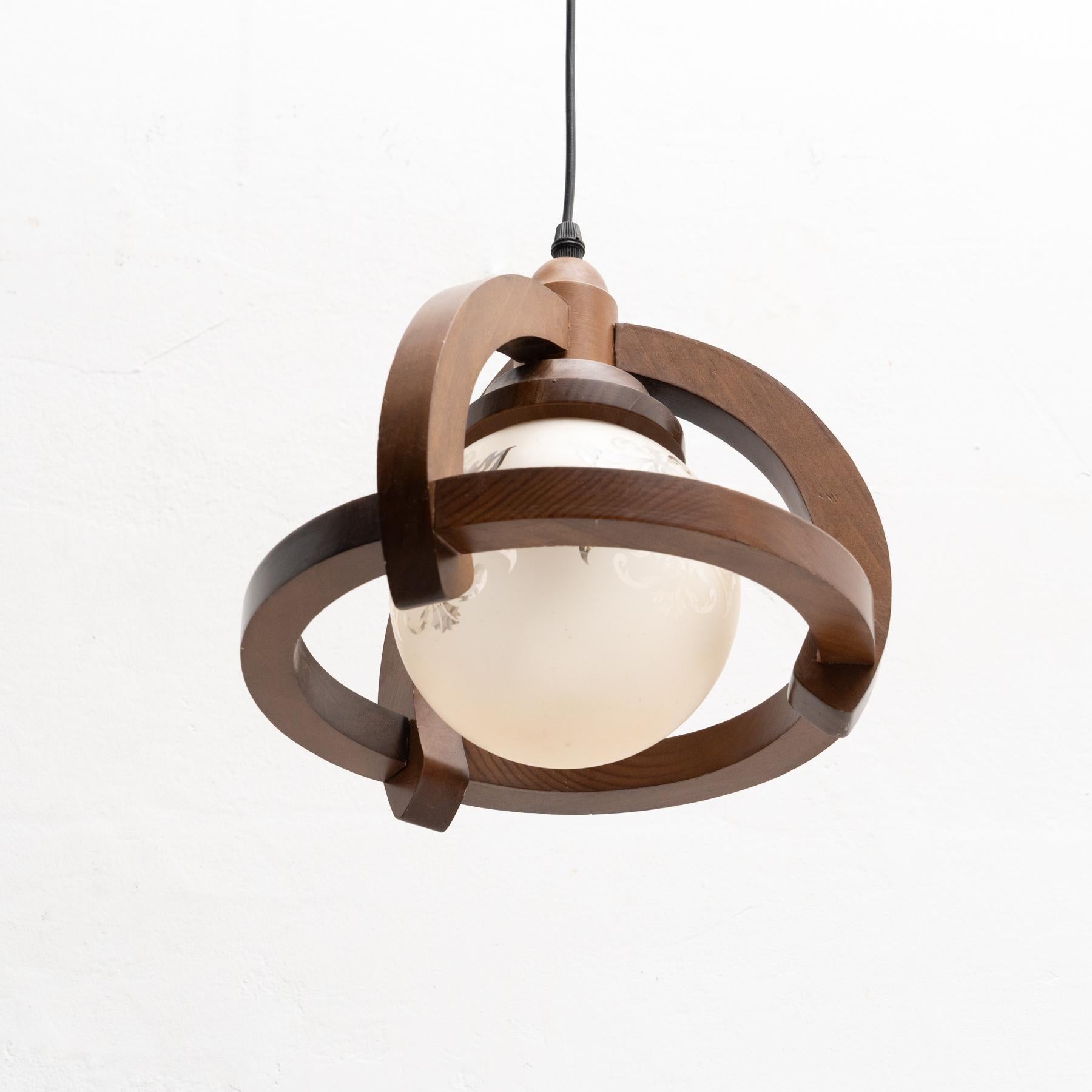 Vintage French Wood and White Glass Ceiling Lamp, circa 1960 For Sale 5