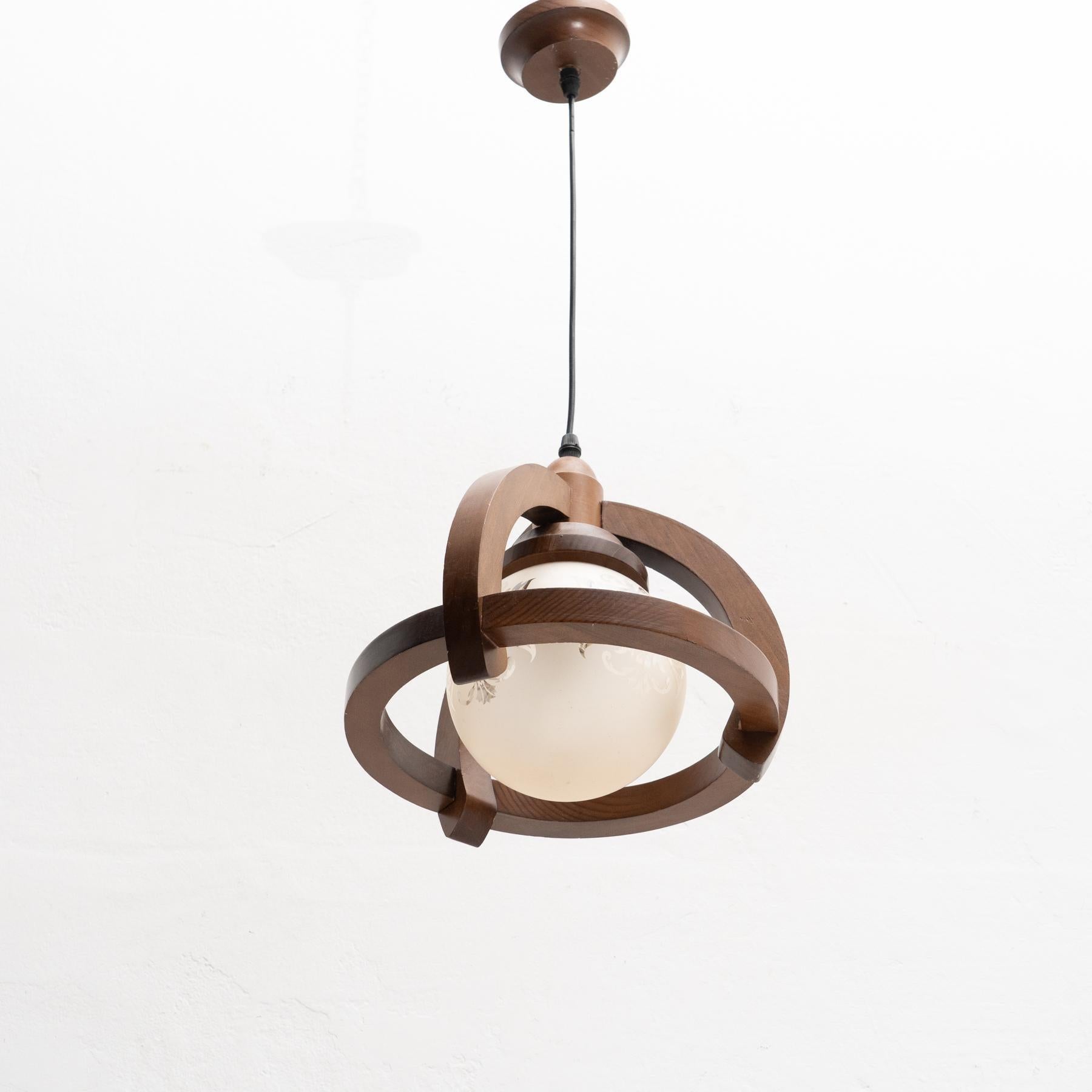 Vintage French Wood and White Glass Ceiling Lamp, circa 1960 For Sale 6