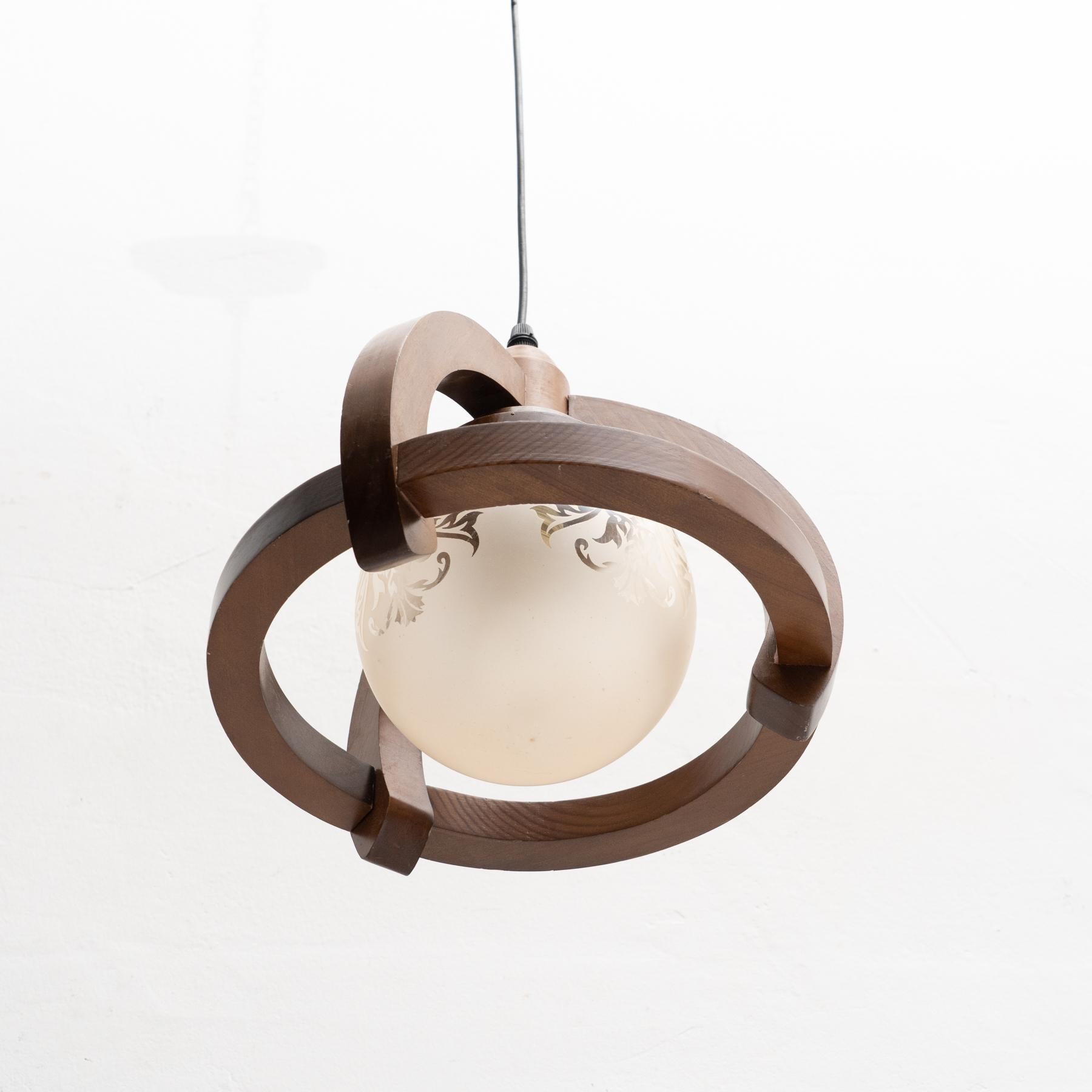 Vintage French Wood and White Glass Ceiling Lamp, circa 1960 For Sale 7