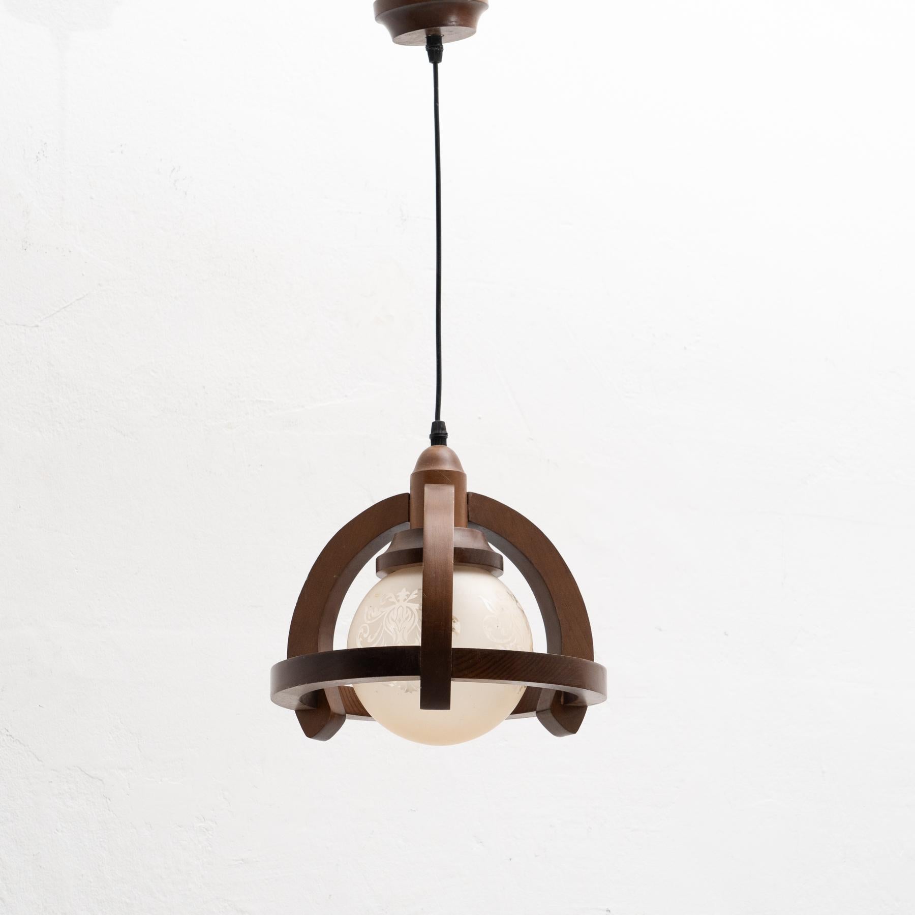 Mid-Century Modern Vintage French Wood and White Glass Ceiling Lamp, circa 1960 For Sale