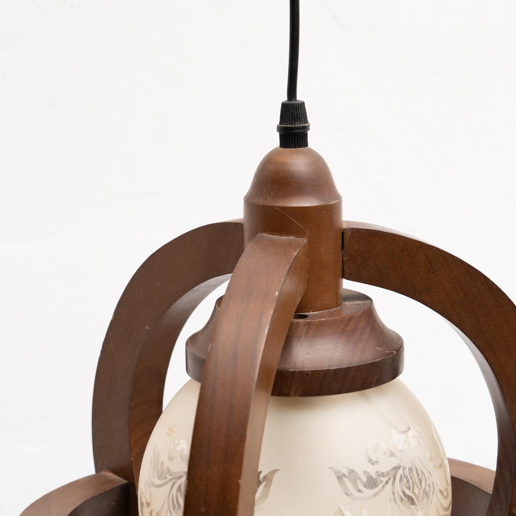 Mid-20th Century Vintage French Wood and White Glass Ceiling Lamp, circa 1960 For Sale