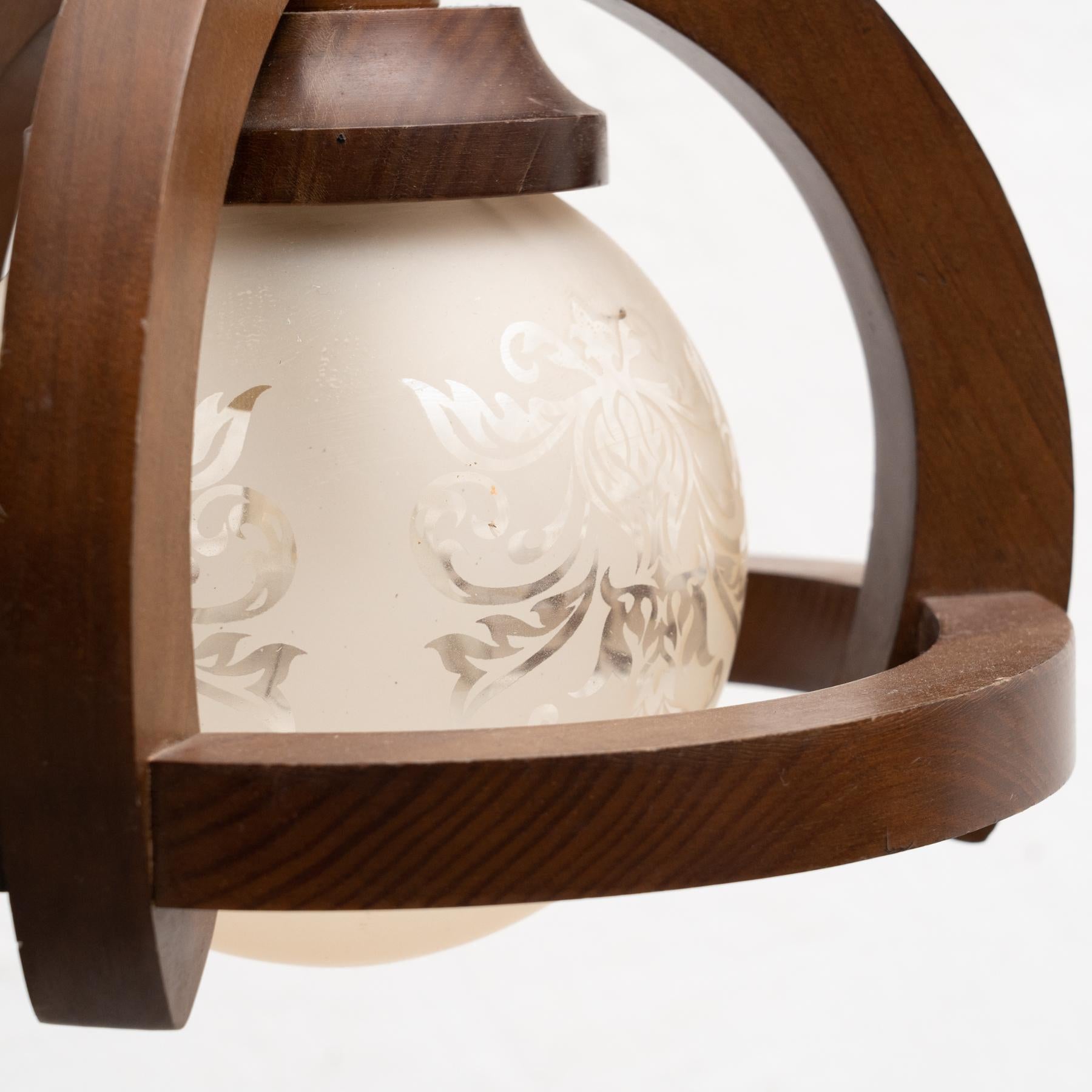 Vintage French Wood and White Glass Ceiling Lamp, circa 1960 For Sale 1