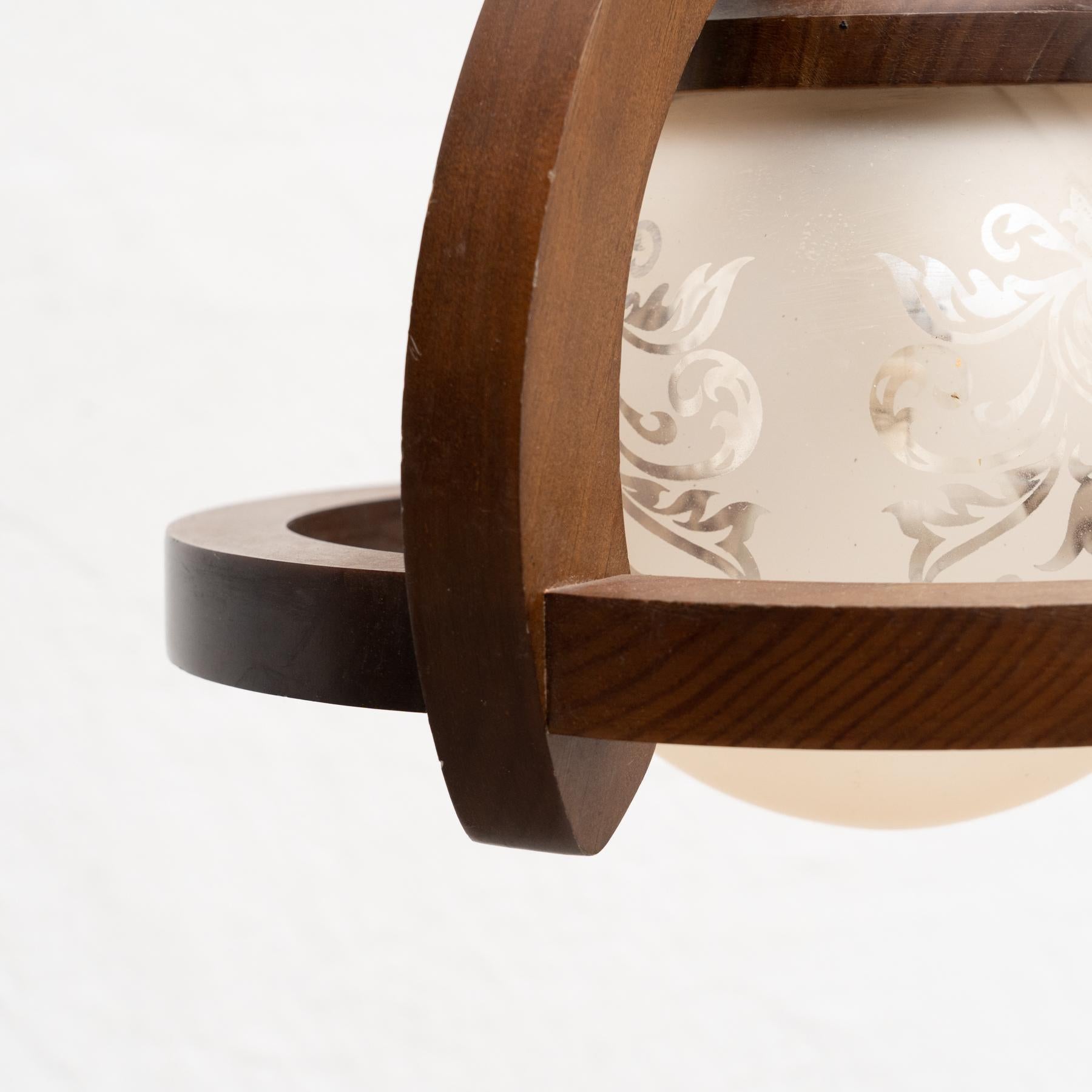 Vintage French Wood and White Glass Ceiling Lamp, circa 1960 For Sale 2