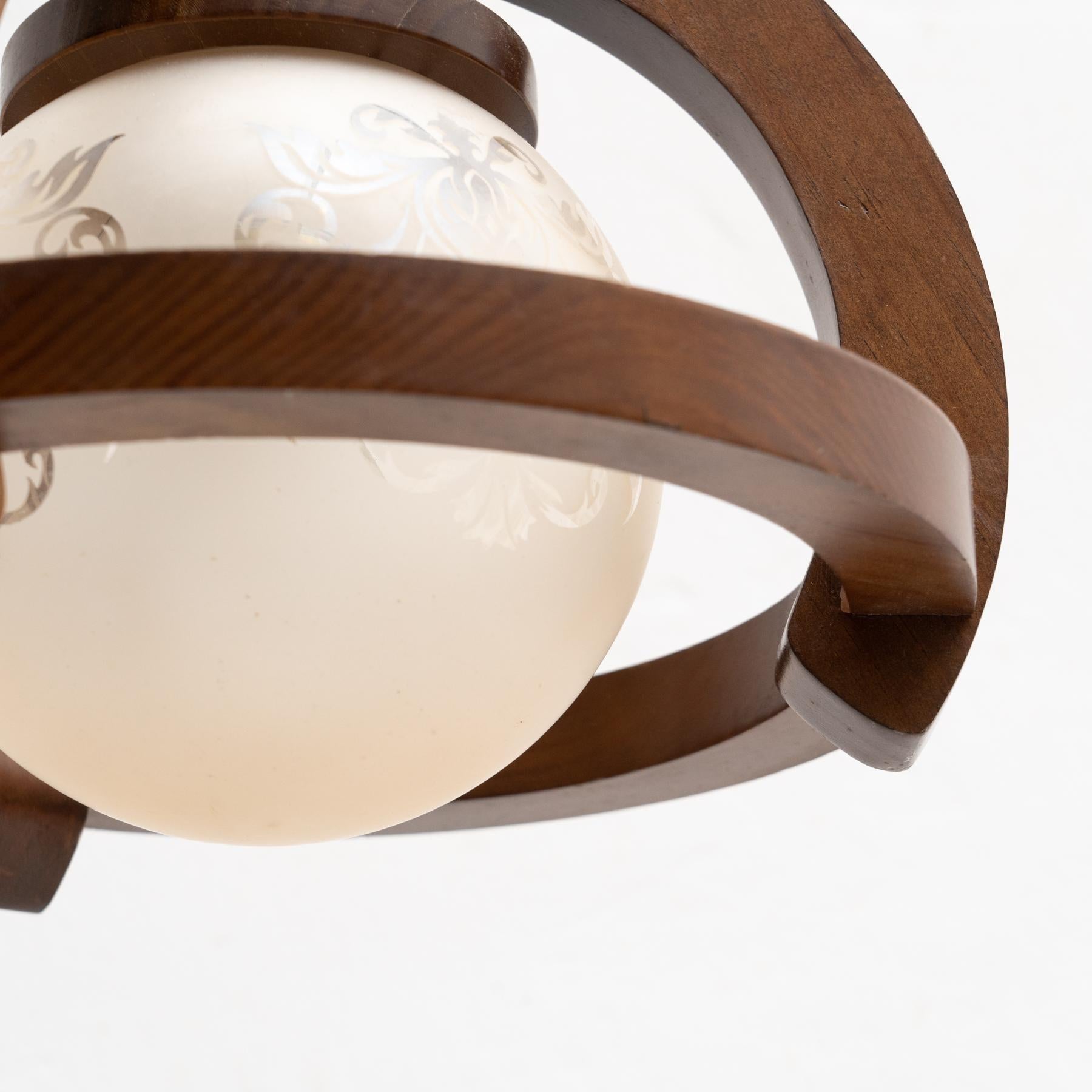 Vintage French Wood and White Glass Ceiling Lamp, circa 1960 For Sale 3