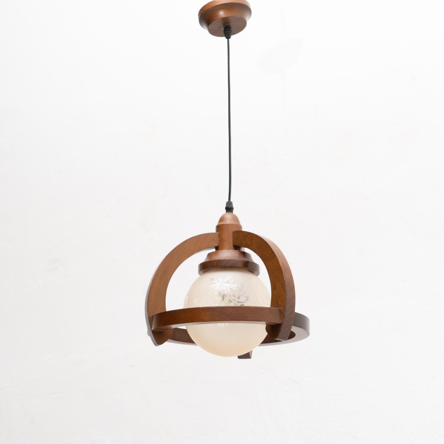 Vintage French Wood and White Glass Ceiling Lamp, circa 1960 For Sale 4