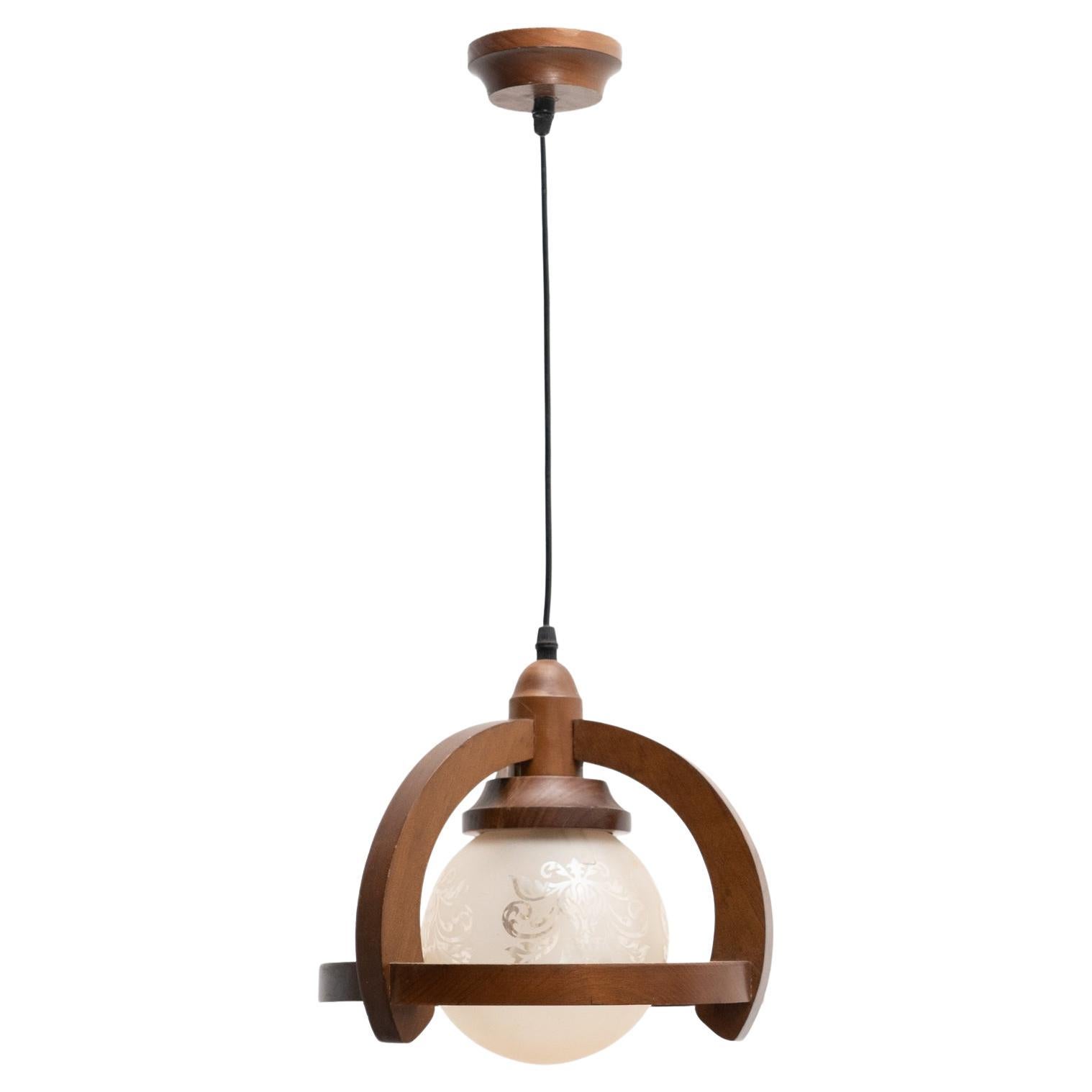 Vintage French Wood and White Glass Ceiling Lamp, circa 1960