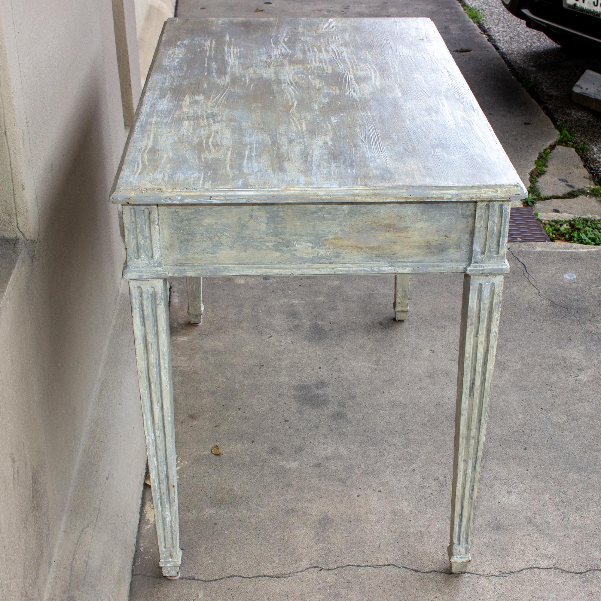 Vintage French Wood Desk with Hand-Painted Greige Finish and Fluted Legs 8