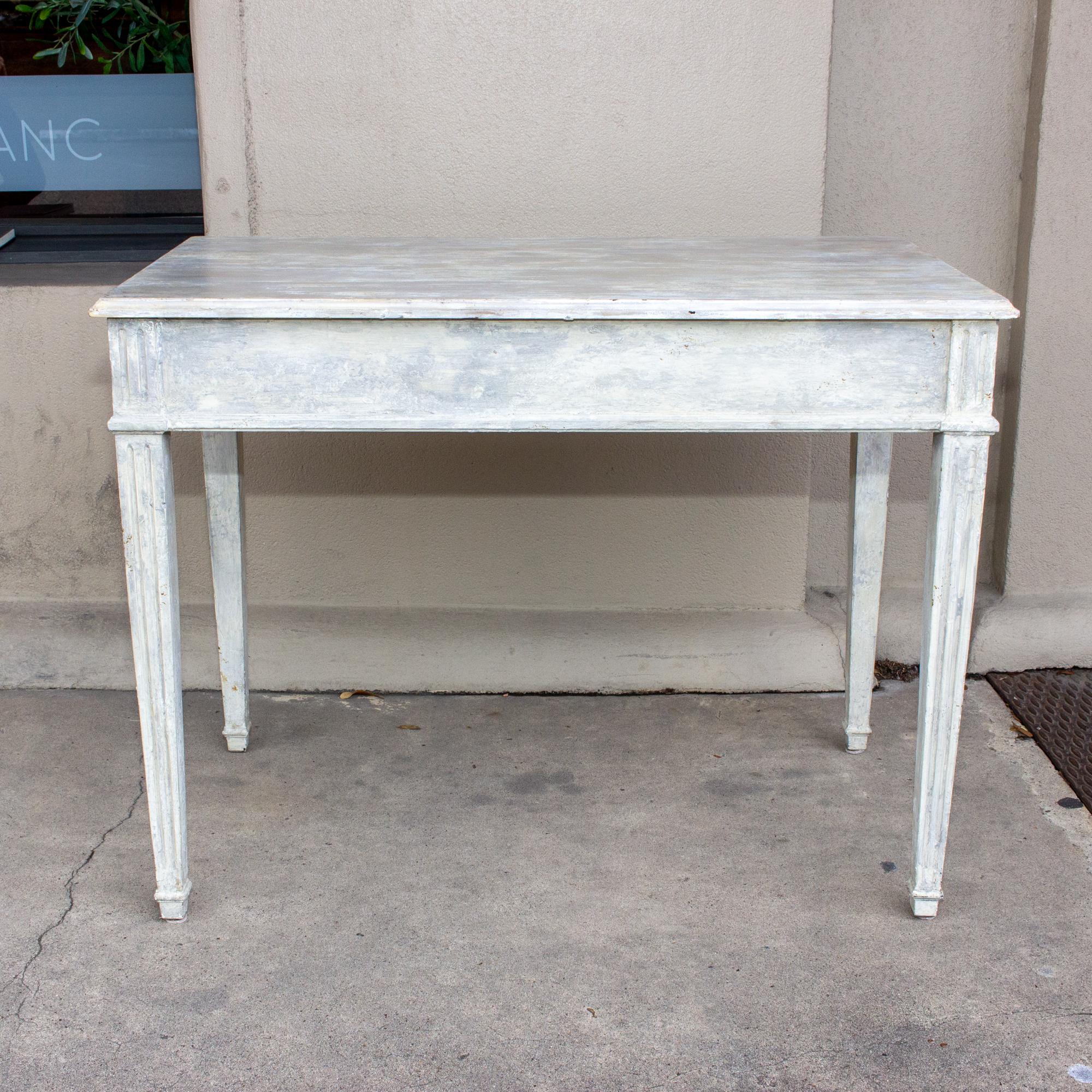 Vintage French Wood Desk with Hand-Painted Greige Finish and Fluted Legs 9
