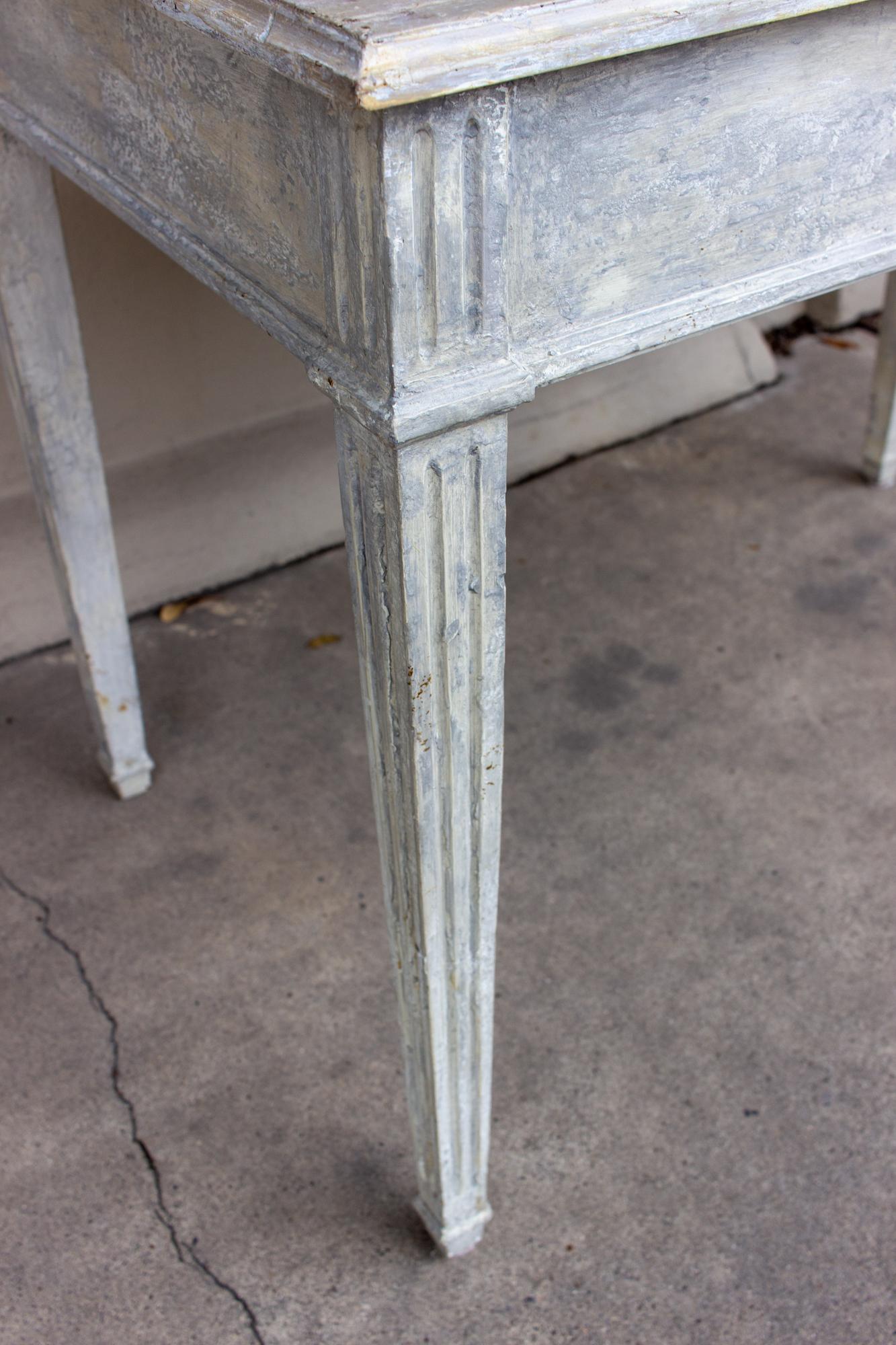 Vintage French Wood Desk with Hand-Painted Greige Finish and Fluted Legs 10