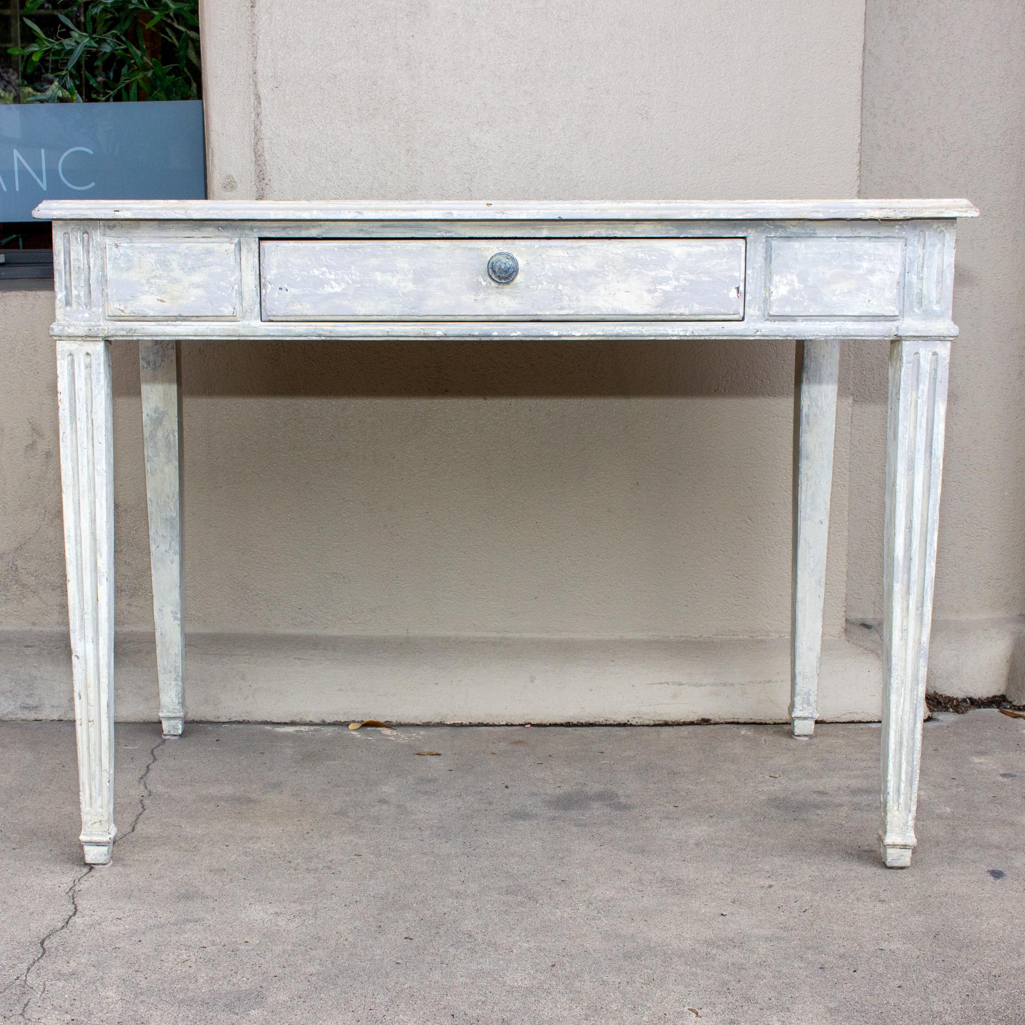 Louis XVI Vintage French Wood Desk with Hand-Painted Greige Finish and Fluted Legs