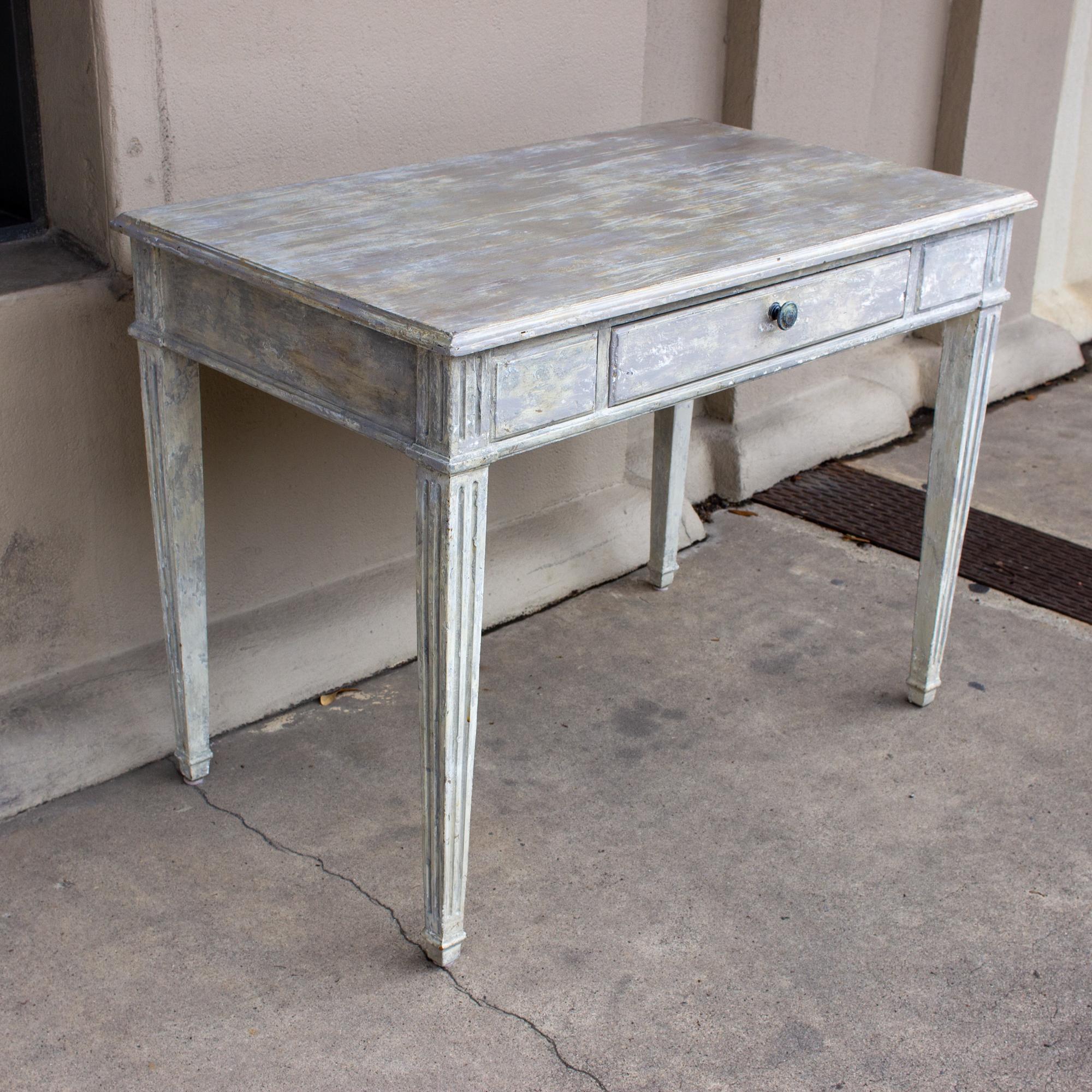 Oak Vintage French Wood Desk with Hand-Painted Greige Finish and Fluted Legs