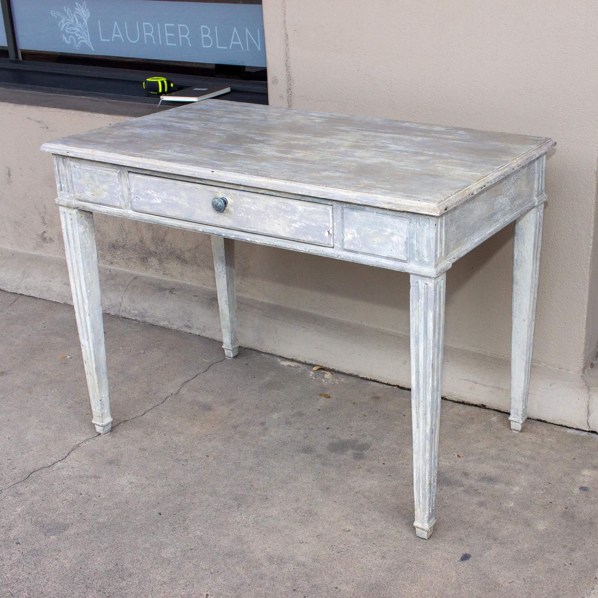 Vintage French Wood Desk with Hand-Painted Greige Finish and Fluted Legs 1