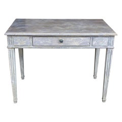 Vintage French Wood Desk with Hand-Painted Greige Finish and Fluted Legs