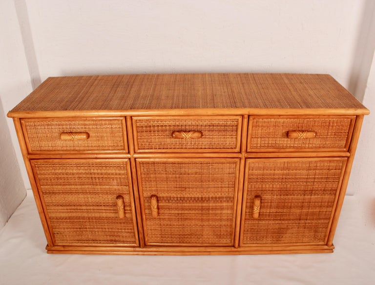 Vintage French Wood And Rattan Buffet 1970s