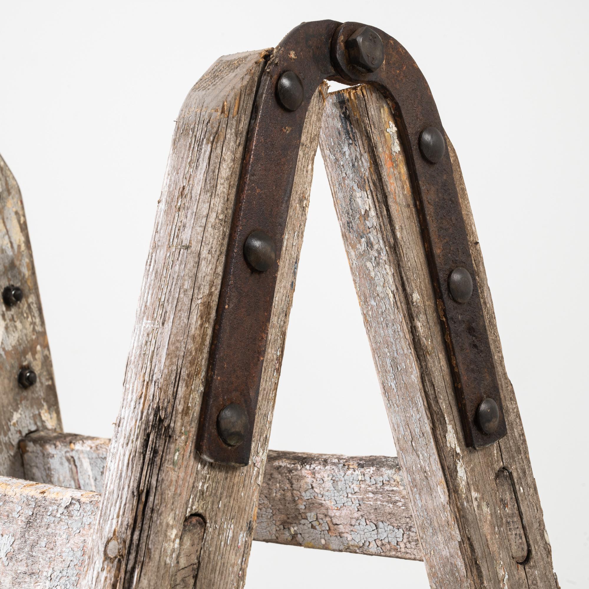 Metal Vintage French Wooden Ladder Shelf For Sale