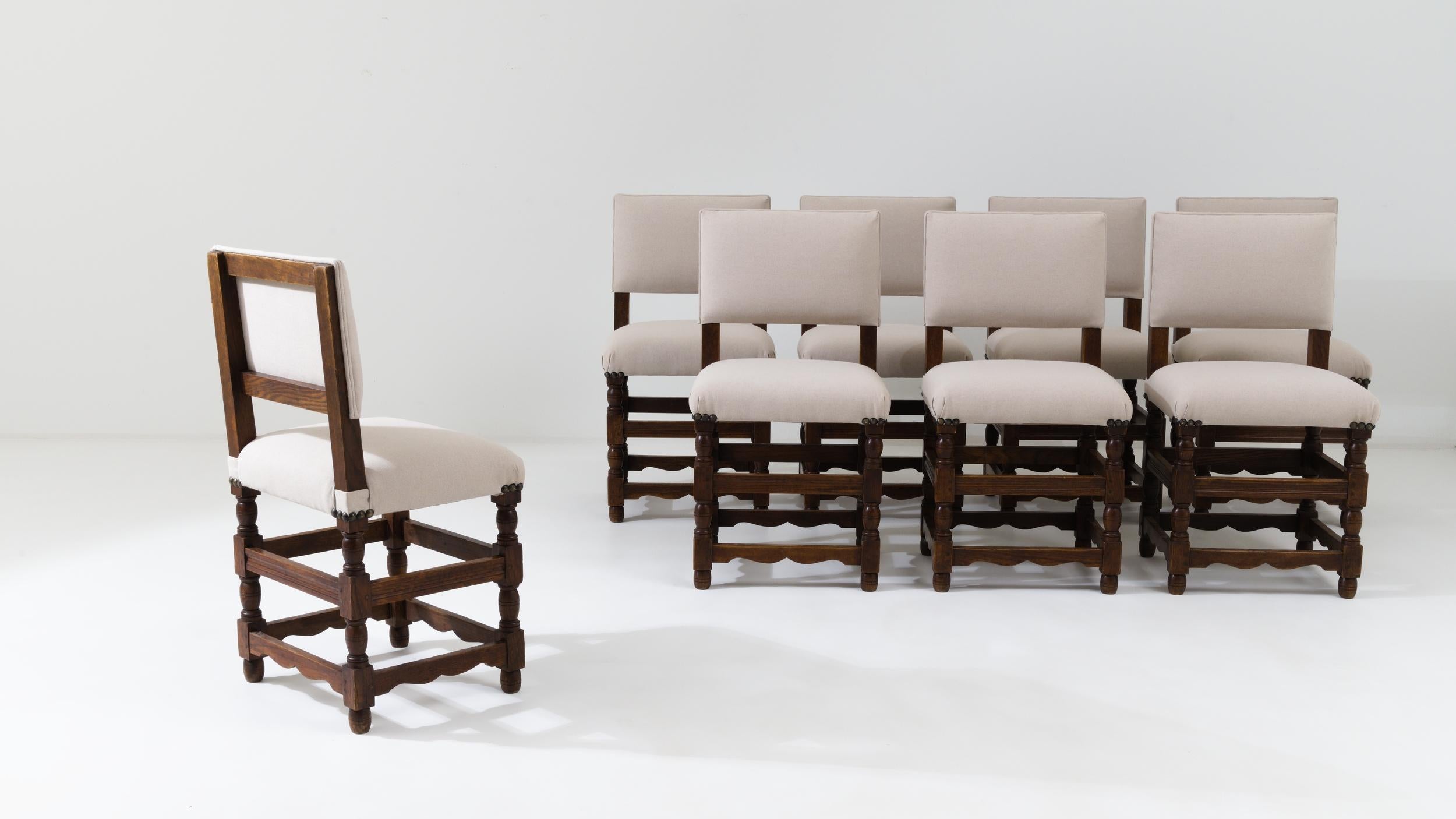 Vintage French Wooden Upholstered Dining Chairs, Set of Eight In Good Condition In High Point, NC