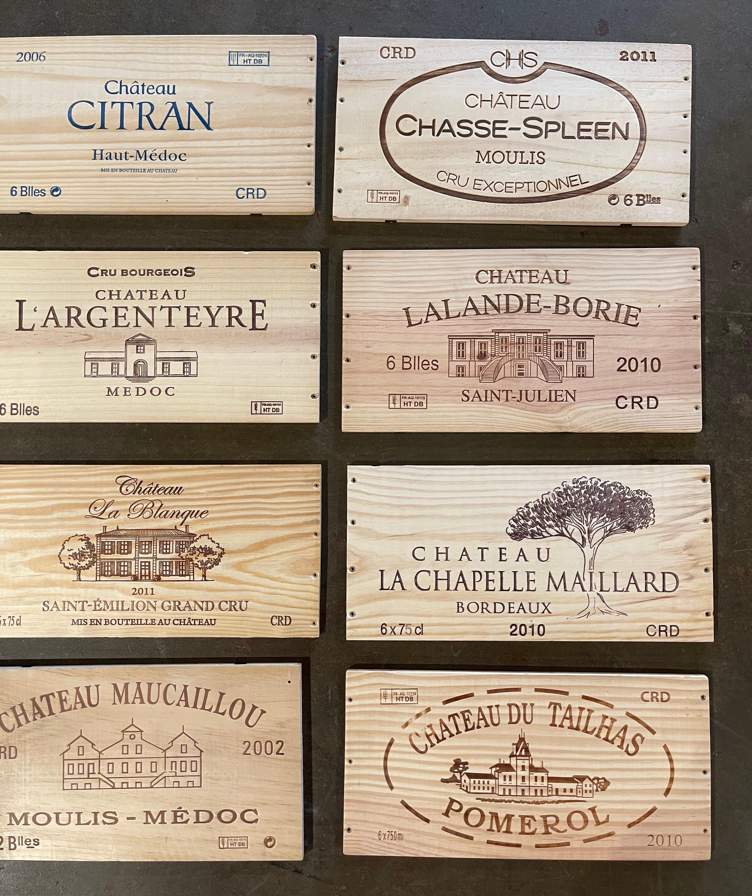 Hand-Crafted Vintage French Wooden Wine Crate Box Labels, Set of 12 For Sale