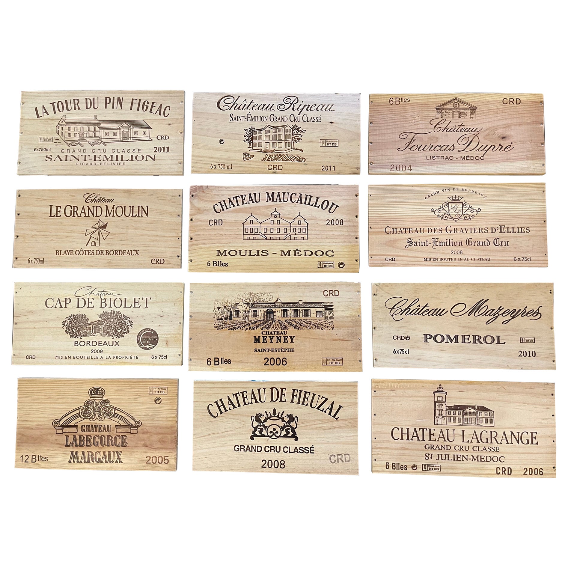 Vintage French Wooden Wine Crate Box Labels, Set of 12