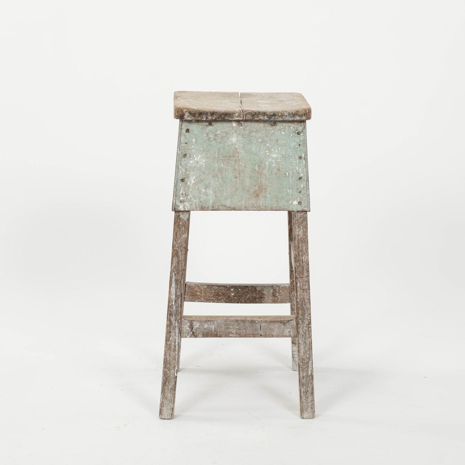Vintage French Work Stool as Side Table In Fair Condition For Sale In Houston, TX