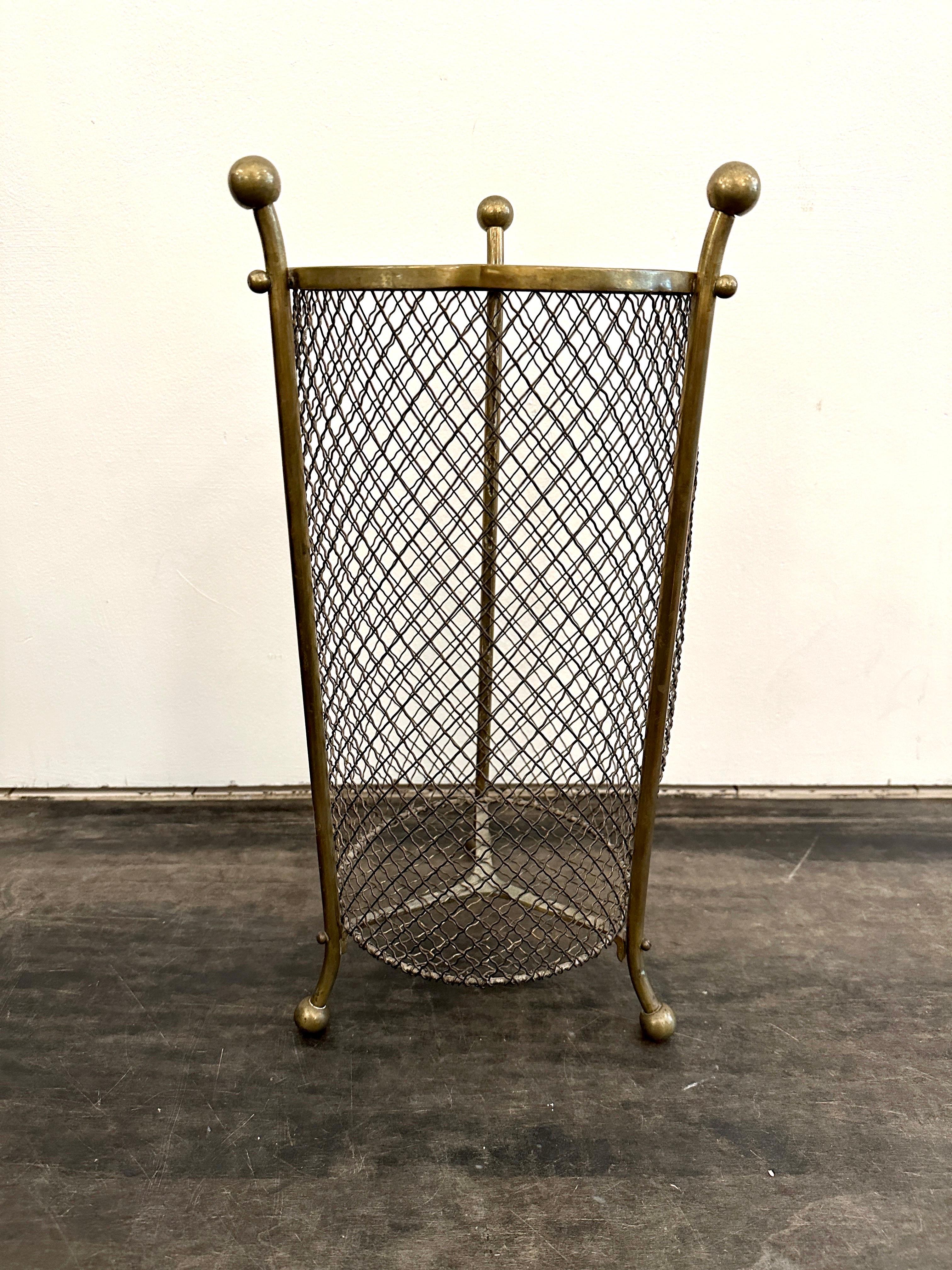 Mid-Century Modern Vintage French Woven Mesh Brass Waste Basket For Sale