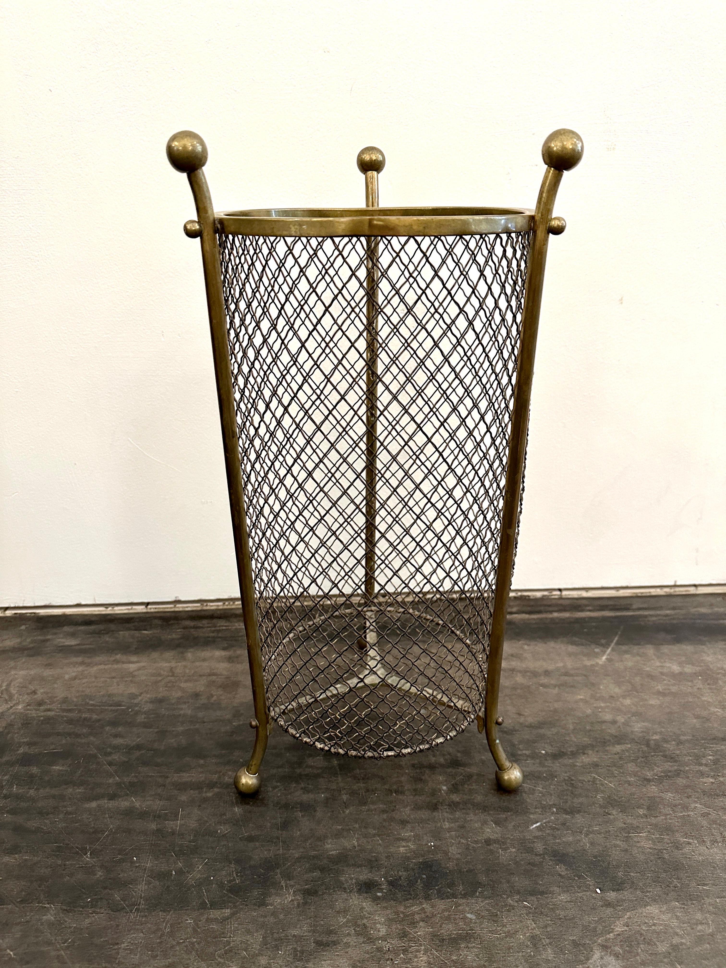 Mid-20th Century Vintage French Woven Mesh Brass Waste Basket For Sale