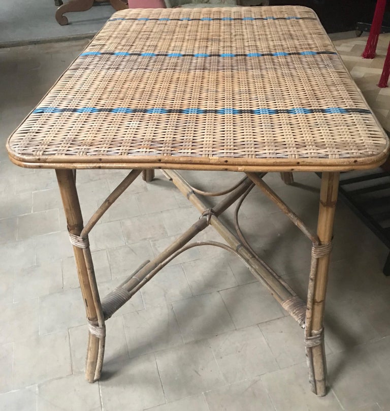 Vintage French Woven Rattan Wicker Table For Sale at 1stDibs