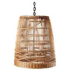 Vintage French Woven Reed Basket Chandelier Light Fixture Lantern, circa 1920