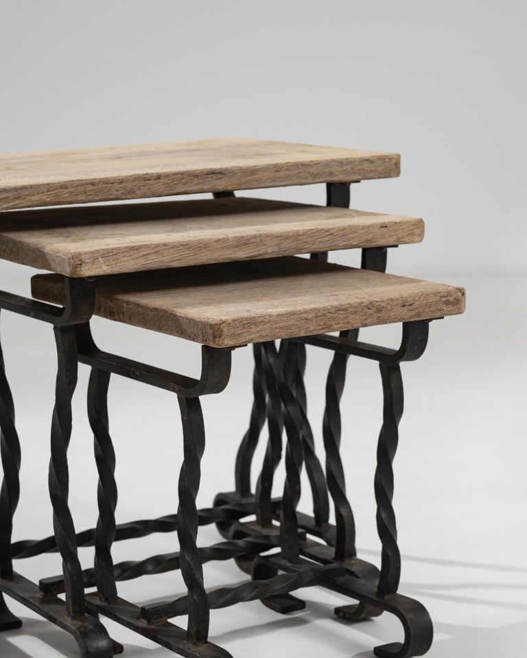 Vintage French Wrought Iron and Oak Nesting Tables, Set of Three For