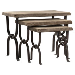Vintage French Wrought Iron and Oak Nesting Tables, Set of Three