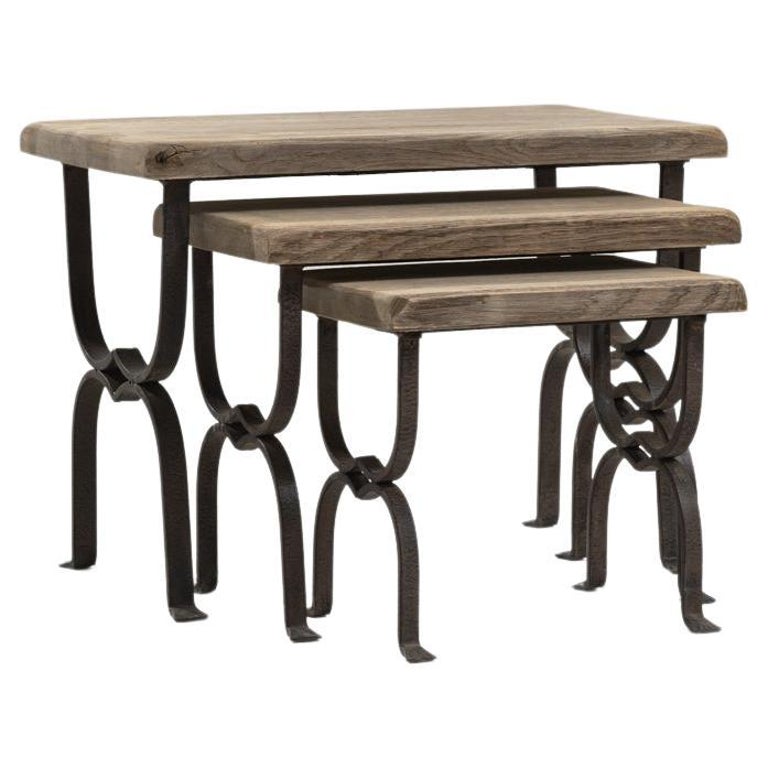 Vintage French Wrought Iron and Oak Nesting Tables, Set of Three For