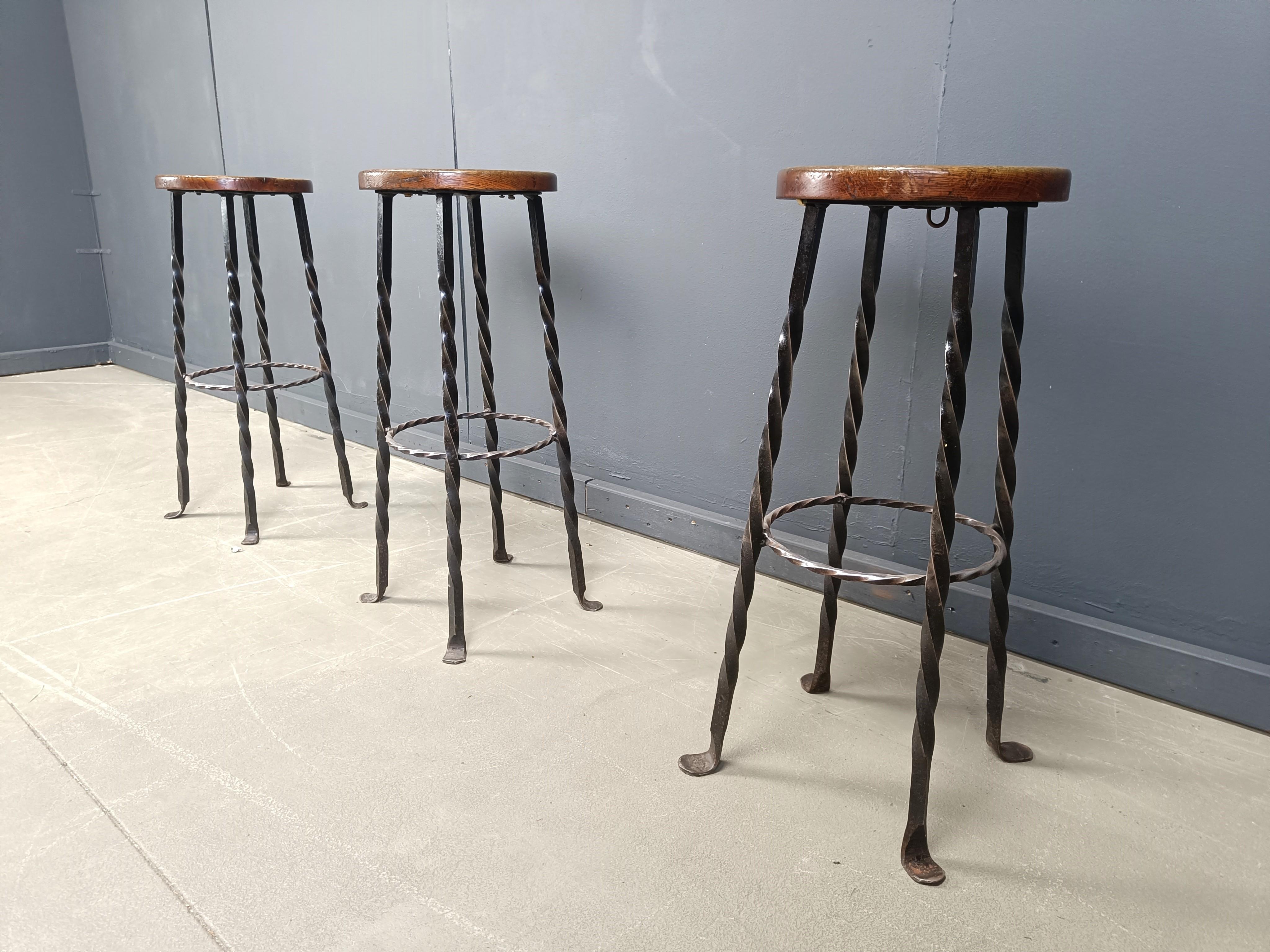 Wrought Iron Vintage french wrought iron bar stools, 1960s - set of 3 For Sale