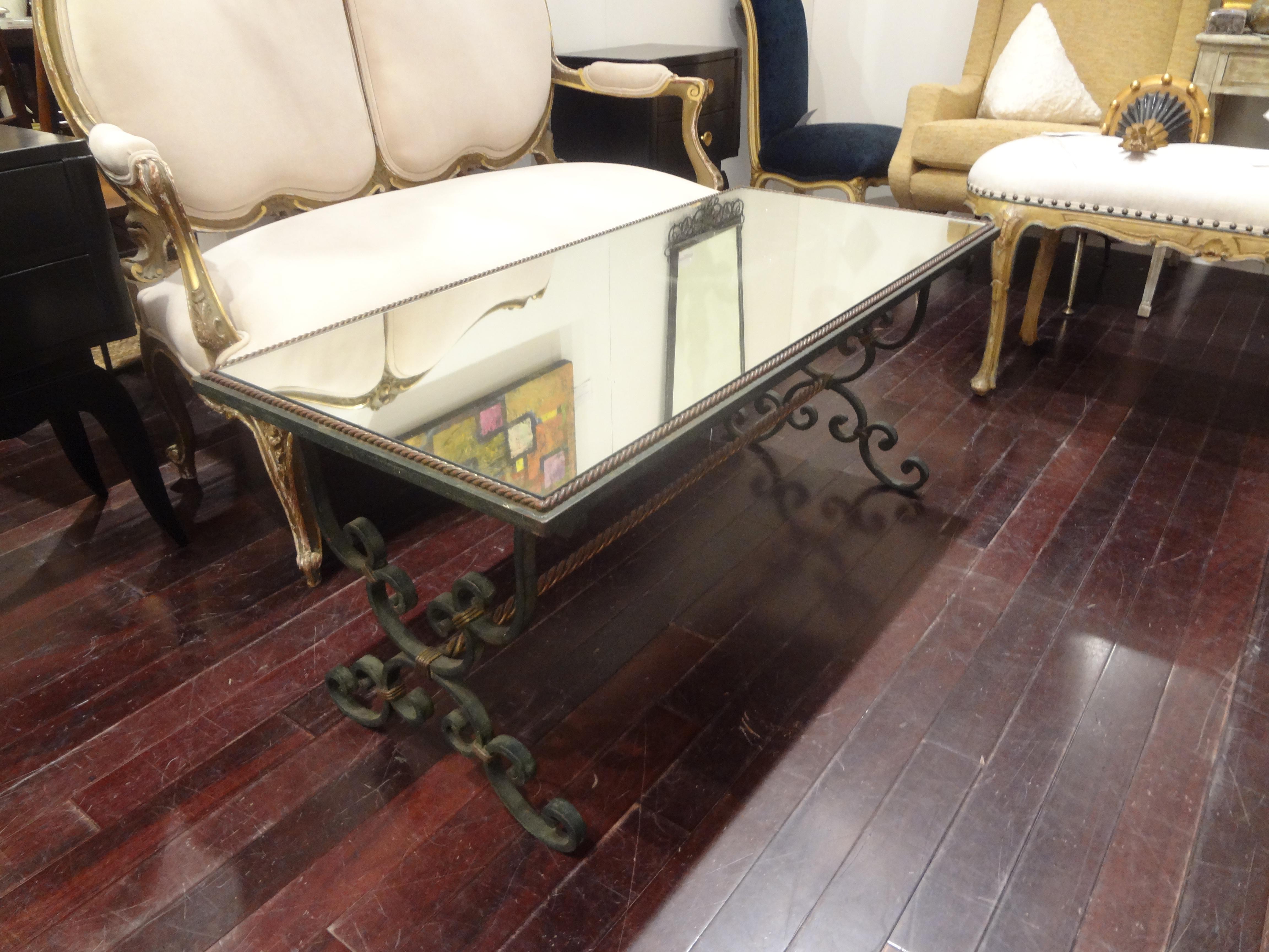 Hollywood Regency French Wrought Iron Cocktail Table with Mirrored Top