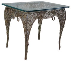 Vintage French Wrought Iron Lattice Maple Leaf Design Outdoor Side Patio Table