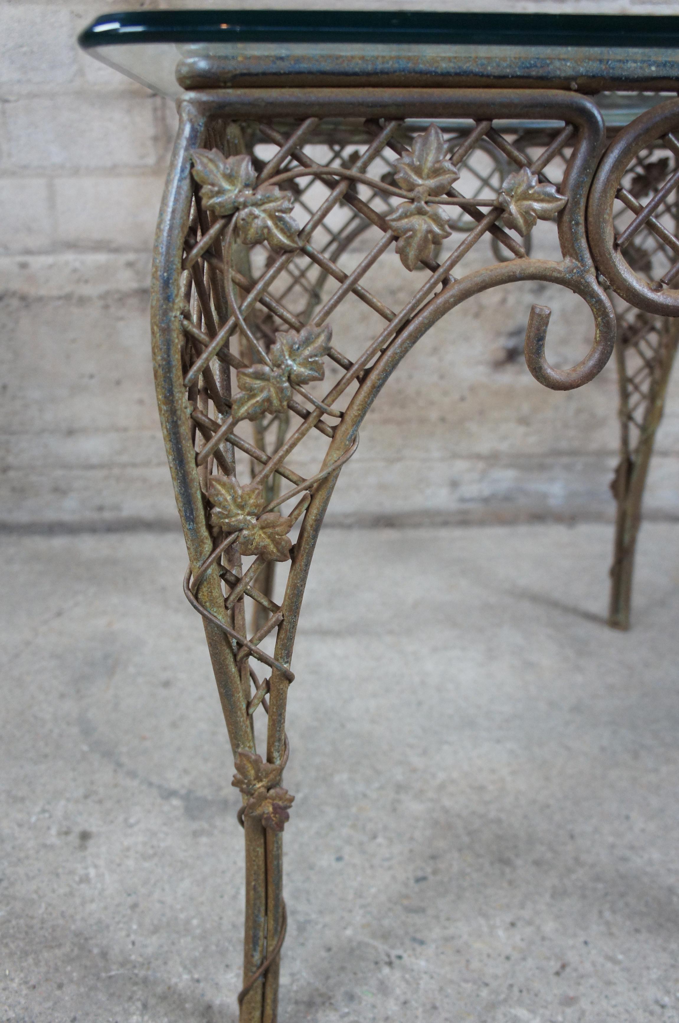 French Provincial Vintage French Wrought Iron Lattice Maple Leaf Design Outdoor Side Patio Table