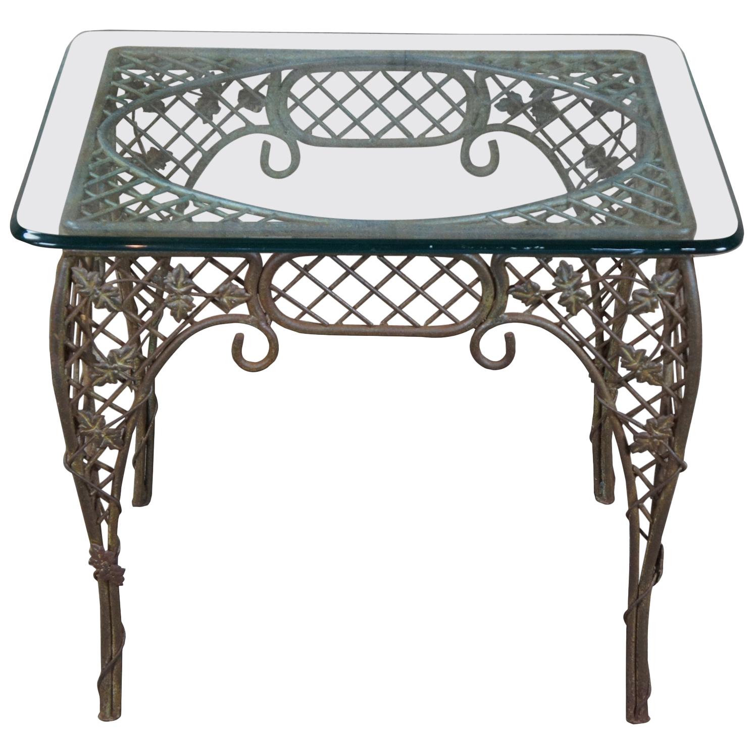 Vintage French Wrought Iron Lattice Maple Leaf Design Outdoor Side Patio Table