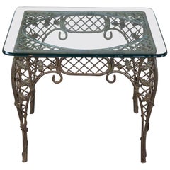 Vintage French Wrought Iron Lattice Maple Leaf Design Outdoor Side Patio Table