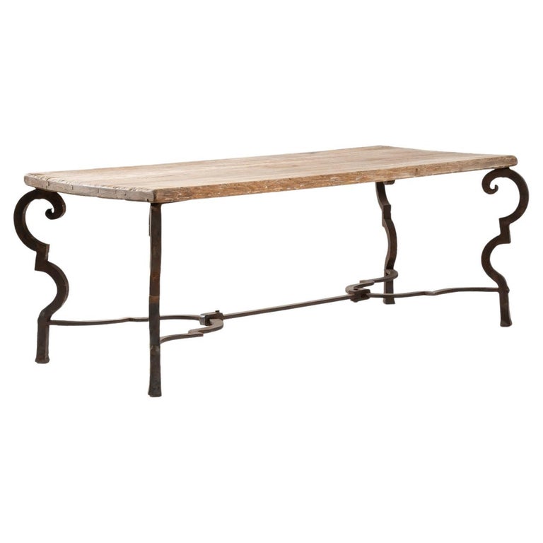 Vintage French Wrought Iron Table with Oak Top at 1stDibs