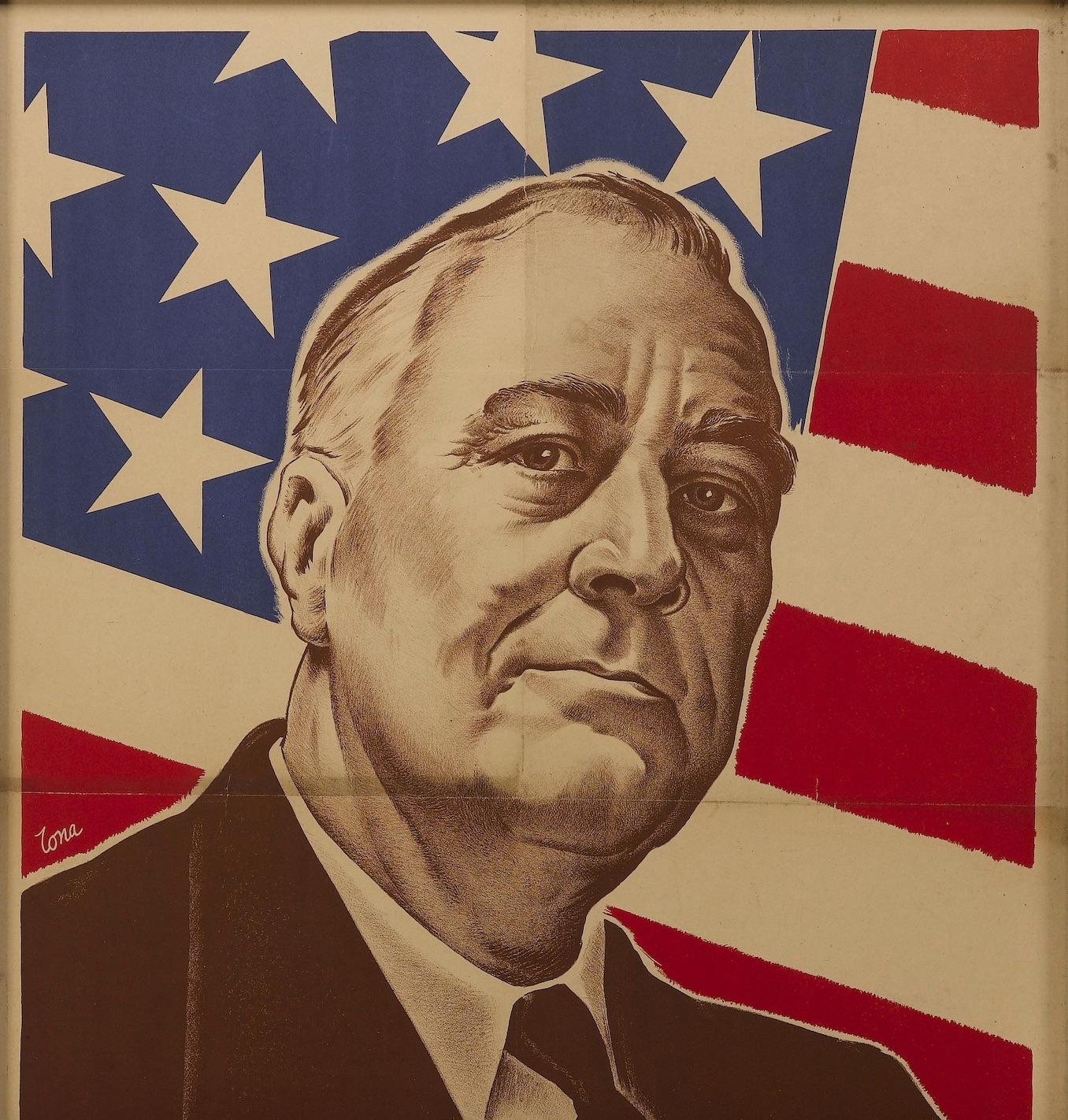 Presented is an original French propaganda poster from WWII. An illustrated portrait of President Franklin D. Roosevelt is set against the background of the American flag. Below, in white text, is the French phrase, “Notre Victoire Est La Victoire