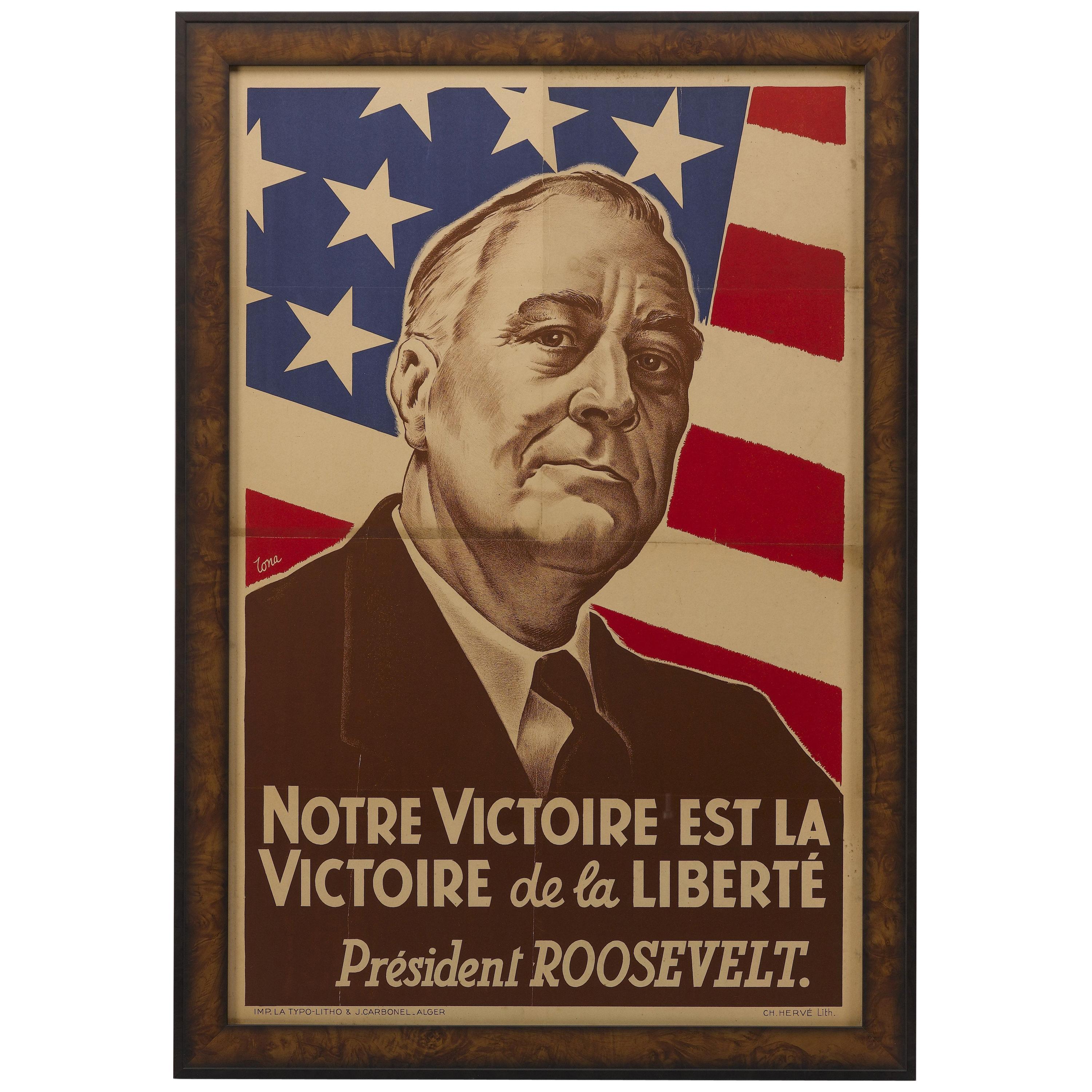 Vintage French WWII Poster with President Roosevelt, circa 1942
