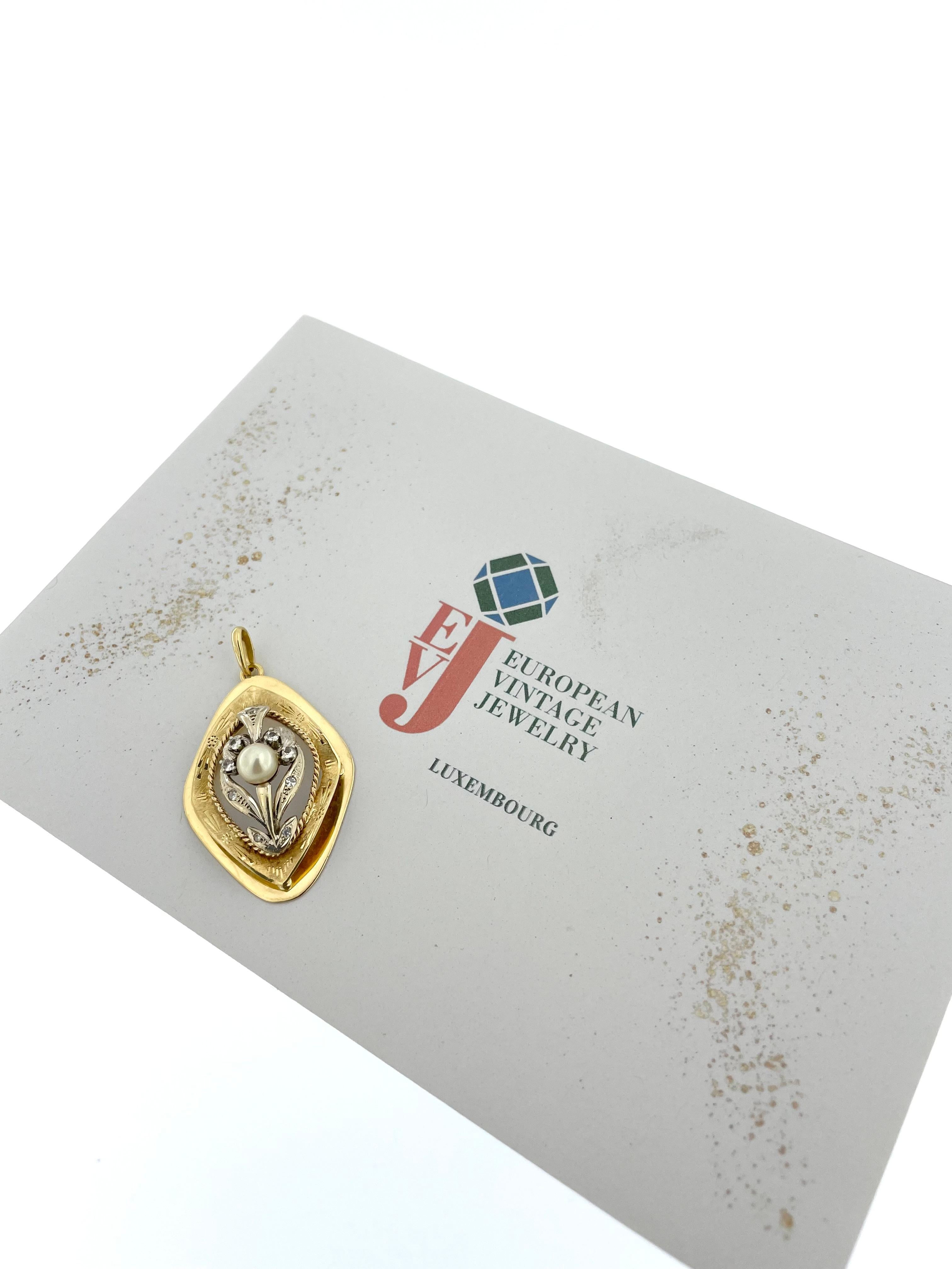 Vintage French Yellow and White Gold Pendant with Diamonds and White Pearl For Sale 5